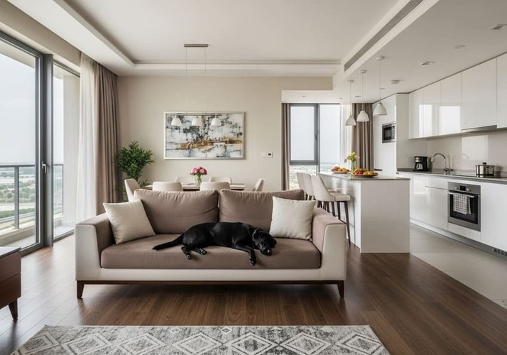 Dog lounging in a bright, spacious living room at a JVC flat