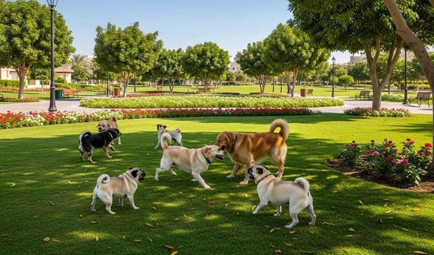 Dogs enjoying Majlis Park, JVC with bright green trees