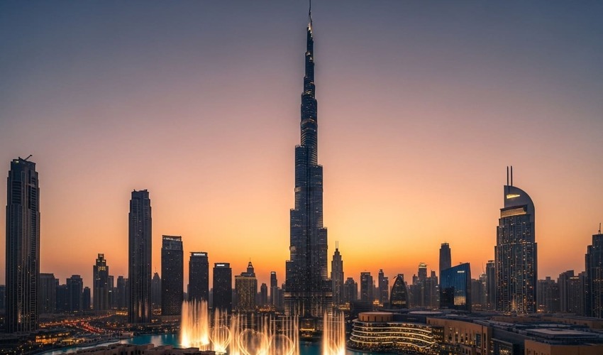Dubai Opera District skyline lit up at dusk