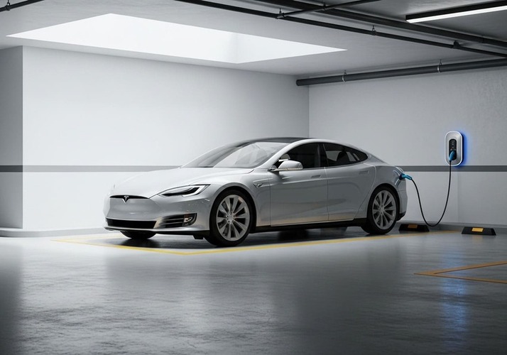 EV plugged into charger at Dubai apartment parking
