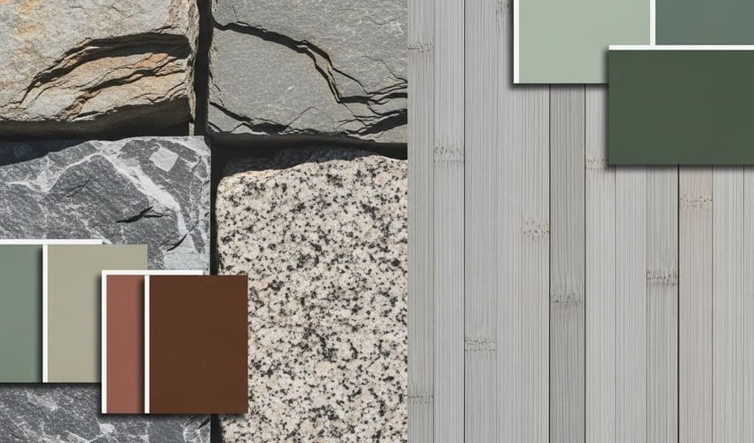 Eco materials mood board featuring bamboo, stone, and paint
