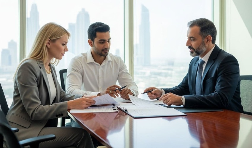 Expat couple reviewing mortgage documents with advisor