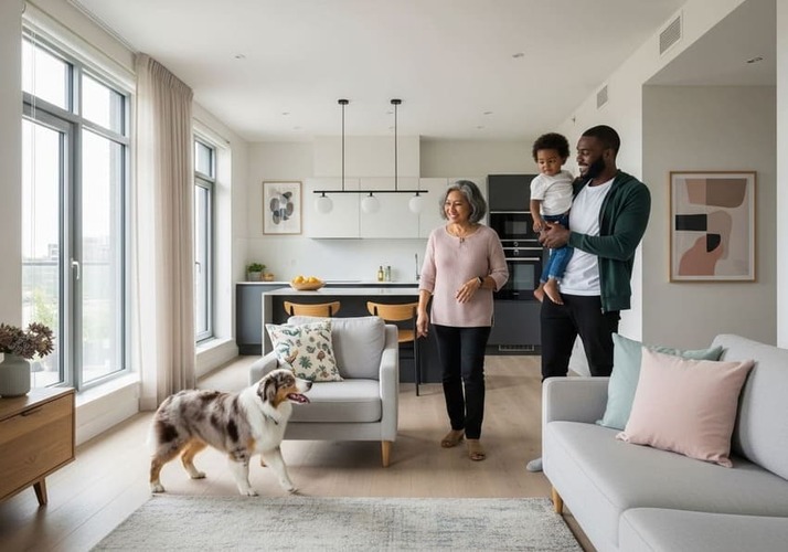 Family and dog enjoying a modern JVC 2BHK flat