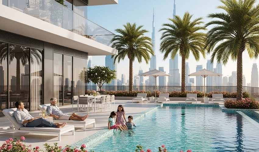 Family lounging by pool at luxury Dubai residence