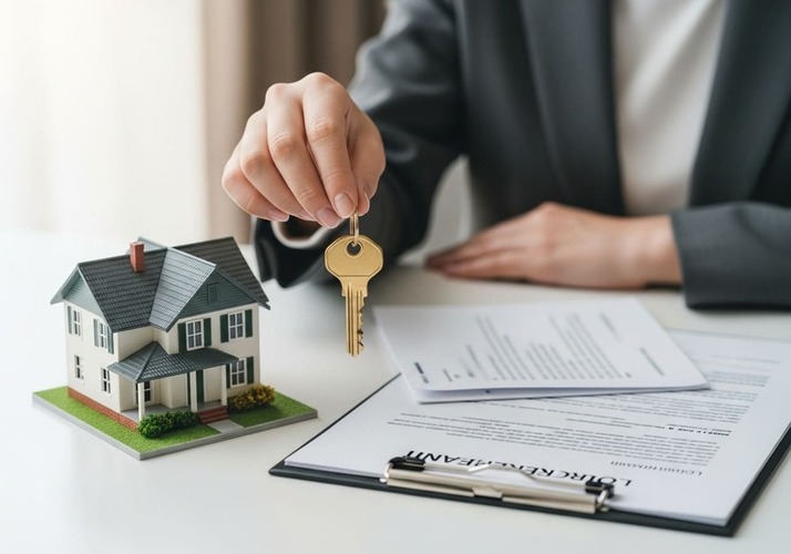 Key and house model with mortgage approval stamp