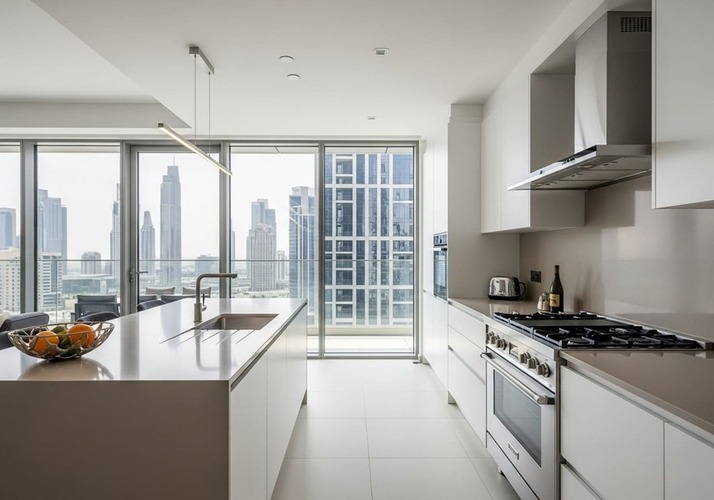 Modern kitchen with east‑facing stove, bright counters—Vastu compliant
