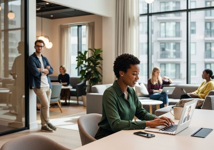 People working in stylish co-working space at home