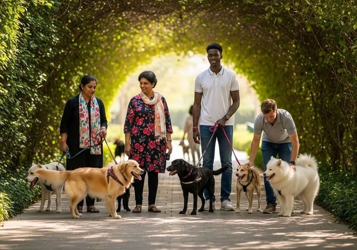 Residents walking dogs under trees in JVC