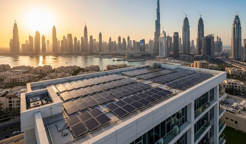 Rooftop solar panels on Dubai apartment building.