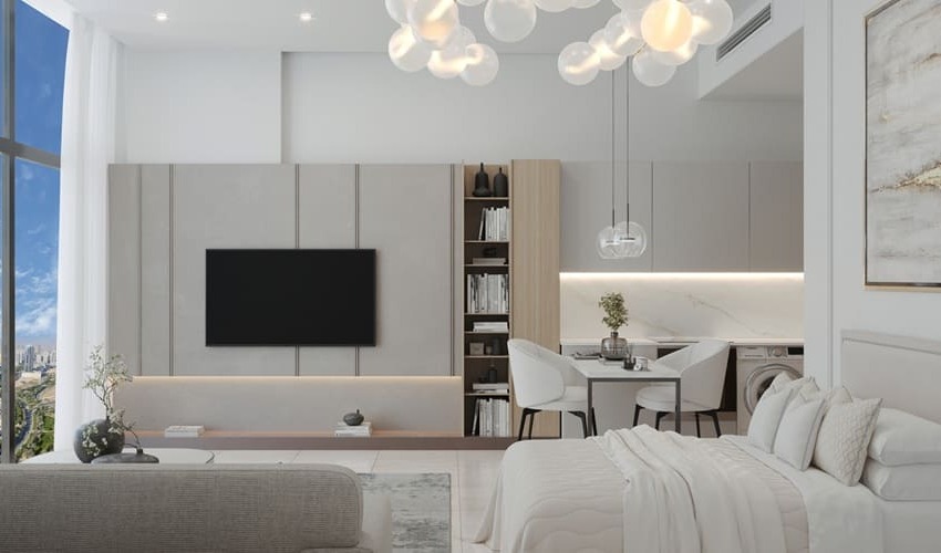 Smart thermostat and LED lighting in modern apartment
