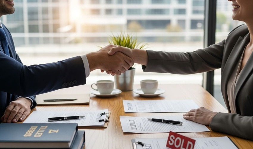 Buyer and seller shaking hands after signing an MOU for a Dubai property deal