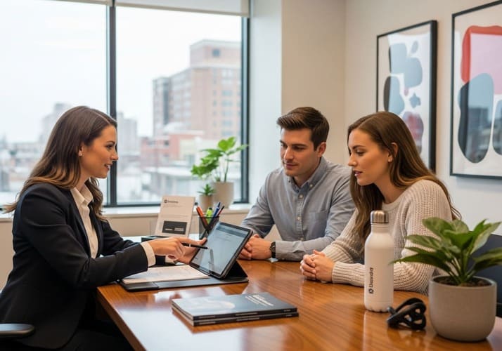 Couple discussing off-plan mortgage options with a financial advisor in a Dubai real estate office.