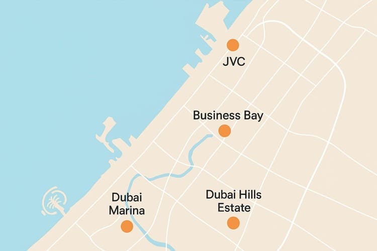 Dubai property investment map showing JVC, Business Bay, Dubai Marina, and Dubai Hills locations.
