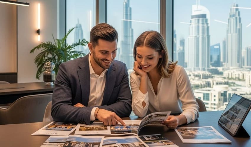 Happy first-time buyers reviewing Dubai property listings at a real estate office in 2025.
