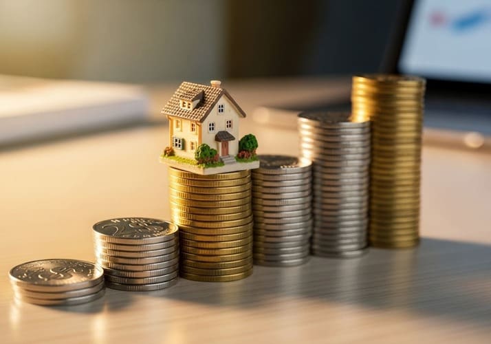 House model with stacked coins symbolizing Dubai off-plan mortgage benefits and property value growth.