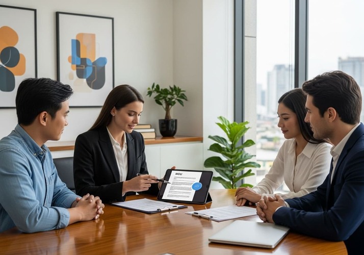 Sales agent guiding clients through MOU terms in Dubai property purchase