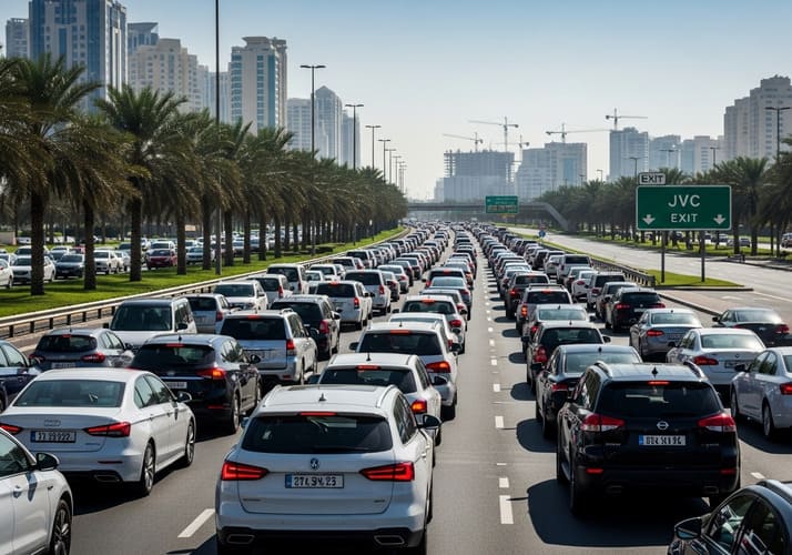 Cars lined up at Jumeirah Village Circle exit during peak-hour traffic, highlighting congestion issues faced by residents.