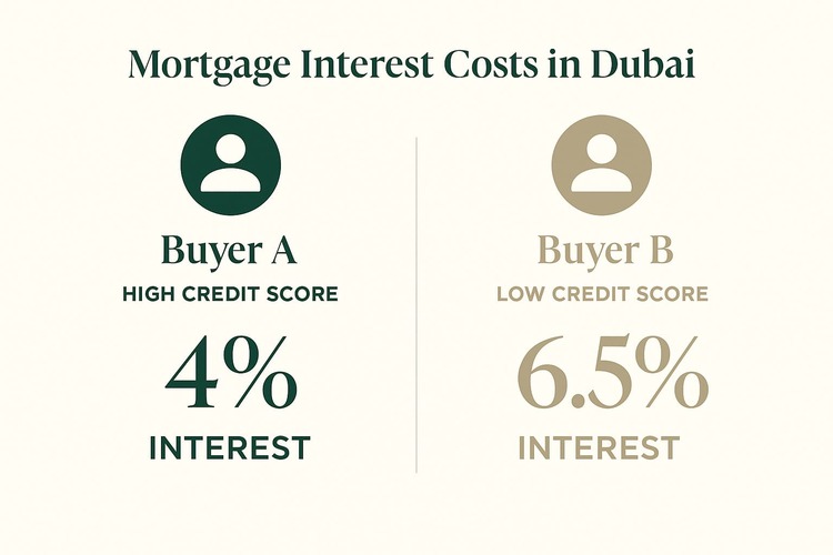 Comparison of mortgage interest costs in Dubai based on credit score difference