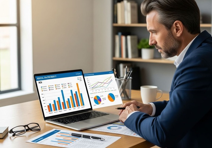 Dubai real estate investor analyzing ROI and rental yield charts in 2025