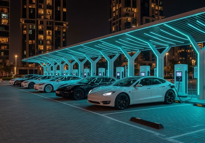 Electric cars charging at modern Dubai EV station in residential parking area.
