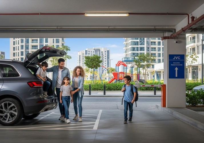 Family parking SUV at JVC community with secure residential parking and green surroundings.