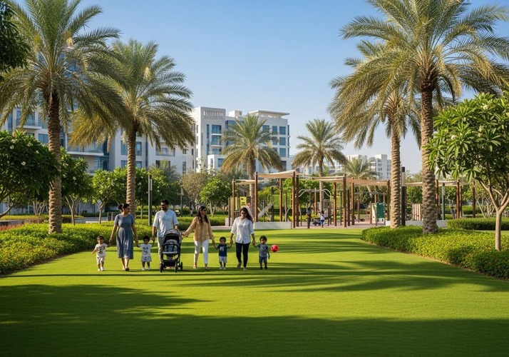 Jumeirah Village Circle community with families enjoying parks and amenities