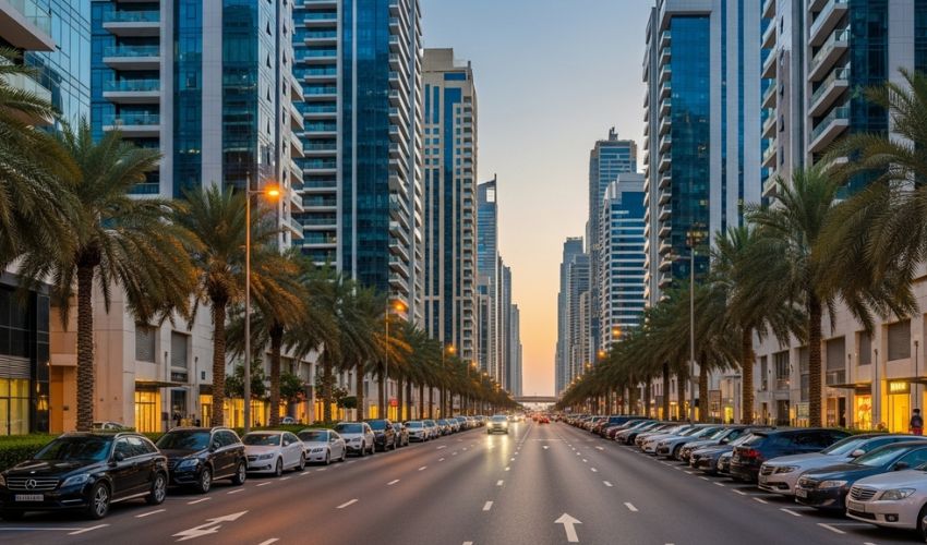 Modern Dubai street with parked cars and residential buildings showing urban lifestyle.