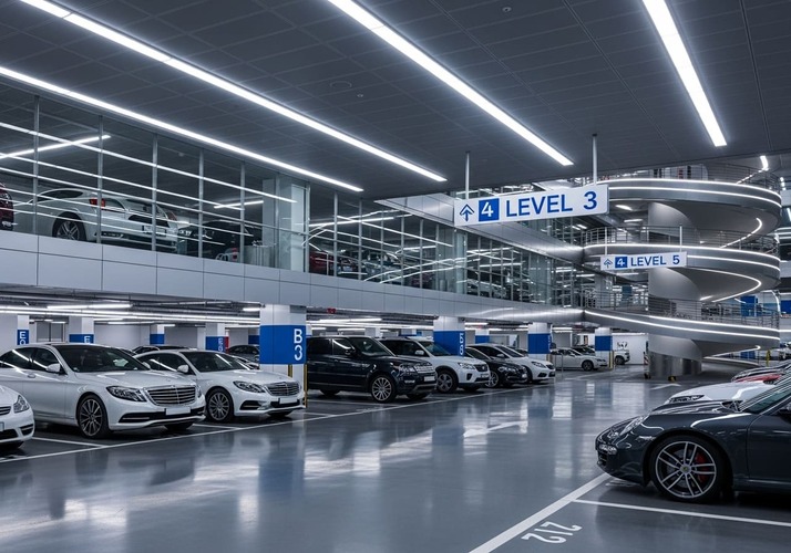 Modern multi-storey parking garage in Dubai with neat layout and parked cars