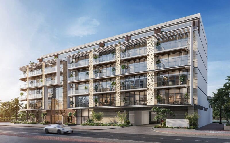 Sereno Residences community in JVC with families enjoying outdoor spaces and easy access to main Dubai roads.