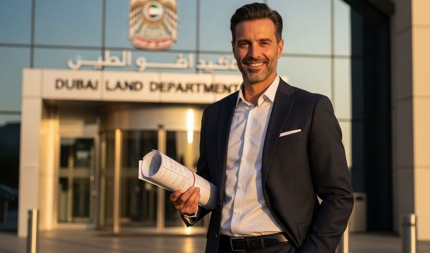 Confident UAE property investor outside Dubai Land Department aware of 2025 real estate legal updates.