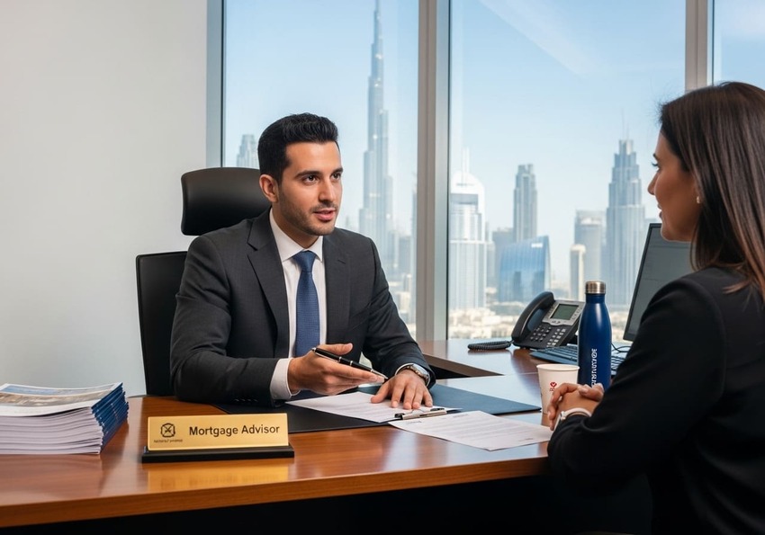 Dubai property buyer learning about mortgage costs, fees, and settlement penalties from bank officer in 2025.