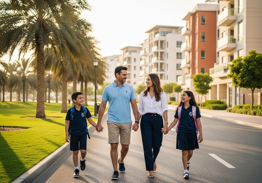 Family with school-going kids walking near residential apartments in JVC Dubai.