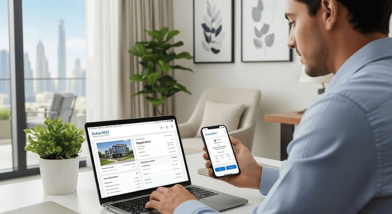 Investor verifying RERA-approved Dubai property on Dubai REST App using phone and laptop at home.