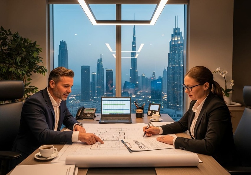 Legal advisor and property developer reviewing Dubai real estate escrow law changes in 2025 compliance meeting.