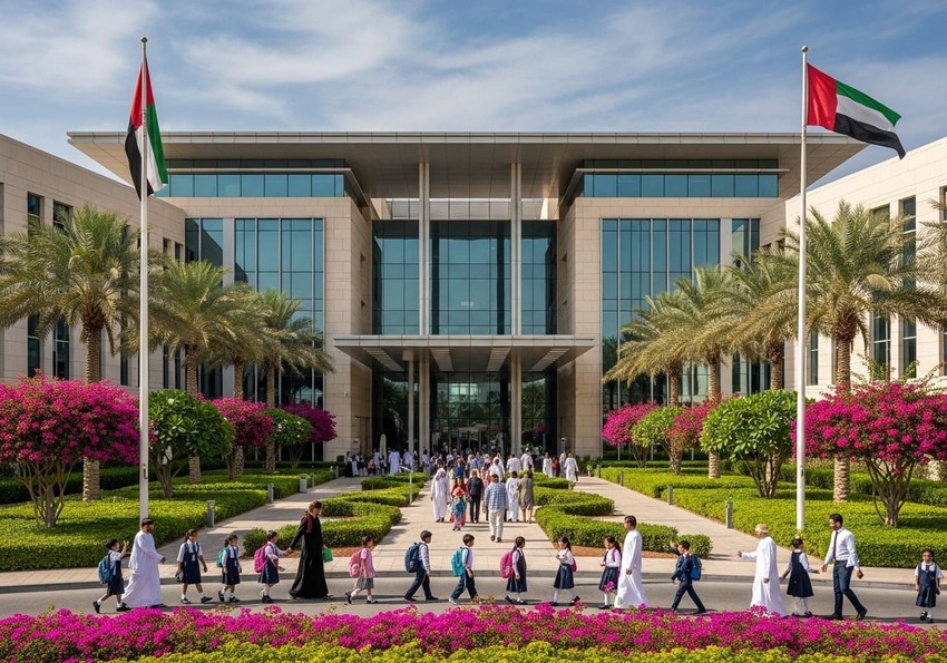 Modern international school in JVC Dubai with children and families at the entrance.