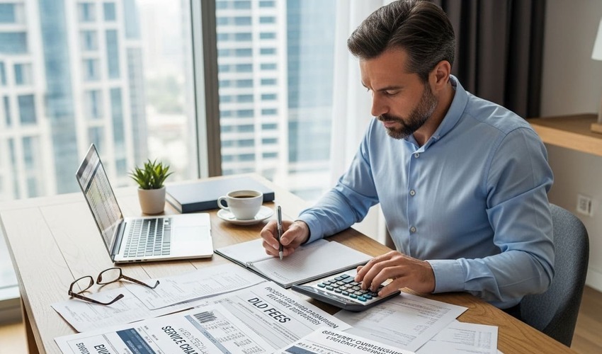 Property investor calculating true ownership costs in Dubai with service charges, DLD fees, and maintenance bills.
