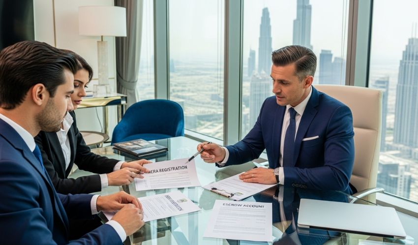 Real estate consultant explaining RERA registration and escrow account process to Dubai property investors.