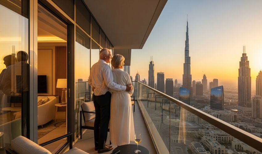 Senior couple enjoying sunset view from Dubai apartment balcony with city skyline in background.