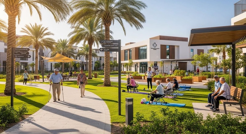 Senior-friendly Dubai community with green parks, walking paths, and modern wellness facilities