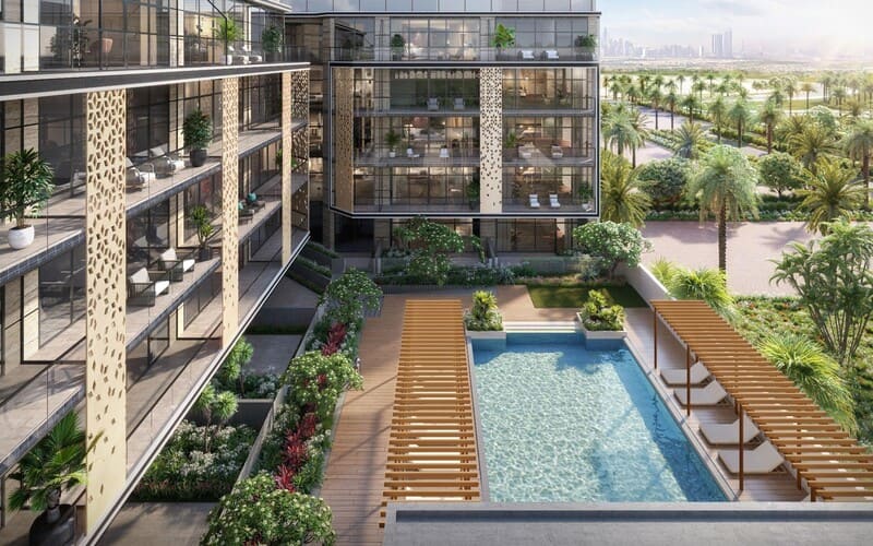 Sereno Residences JVC exterior view with pool and luxury facade