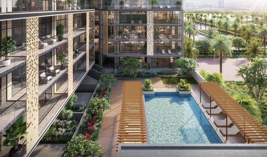 Sereno Residences JVC exterior with rooftop pool, landscaped gardens, and luxury apartment design in Dubai.