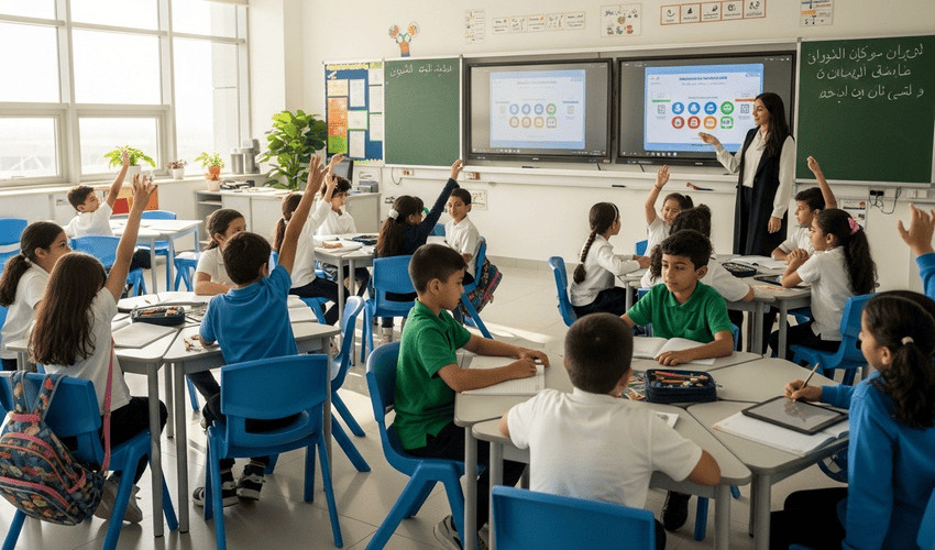 Students in a Dubai classroom enjoying interactive learning in a modern school
