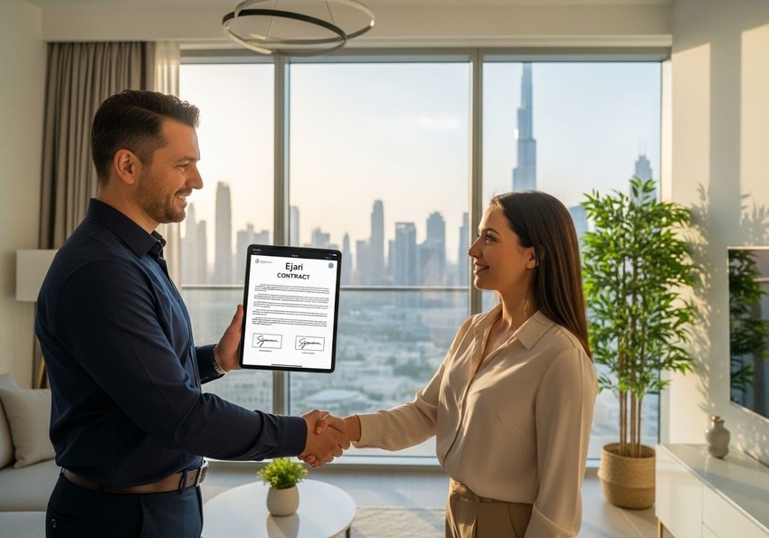 Tenant and landlord agreeing on rental terms using digital Ejari registration under Dubai tenancy laws 2025.