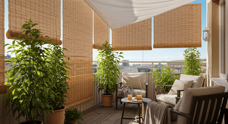Balcony garden in Dubai with shade cover and tall plants for cooling