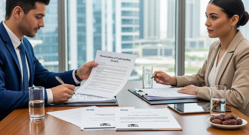 Buyer and seller signing Form F sales agreement in Dubai.