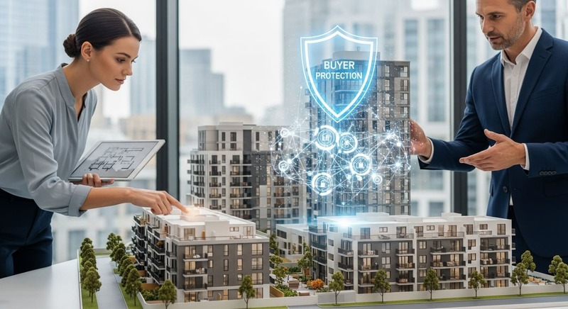Buyer protection illustration showing shield around Dubai property to represent secure escrow payments.