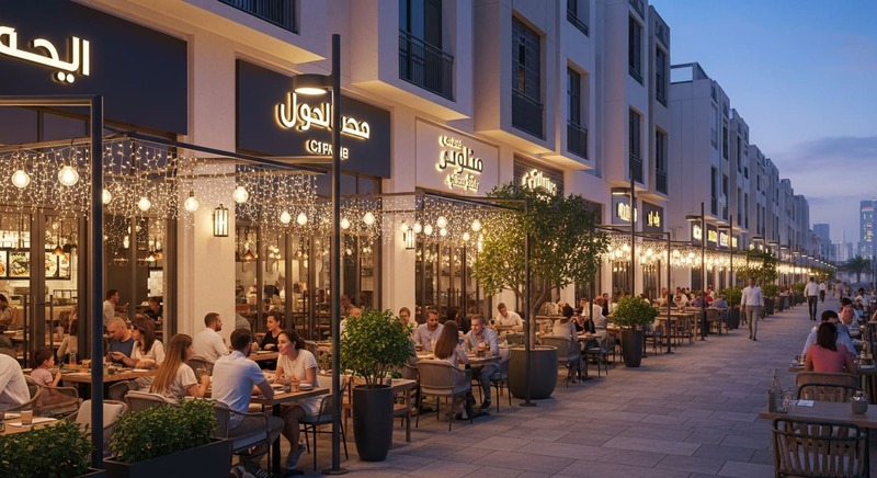 Casual outdoor dining scene in a Dubai neighborhood with warm lighting and families enjoying meals.