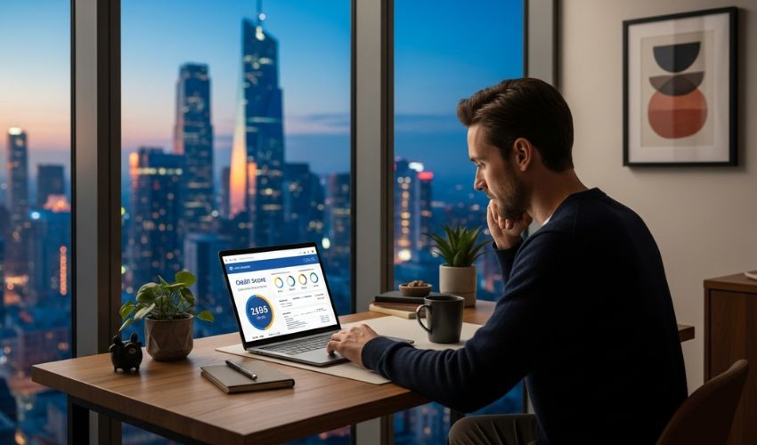Checking credit score for mortgage approval in Dubai apartment overlooking skyline.