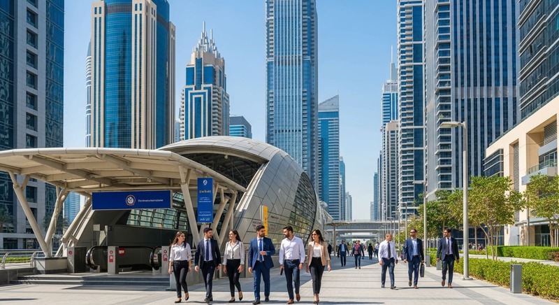 Commuters walking from a Dubai Metro Red Line station in Business Bay to nearby offices