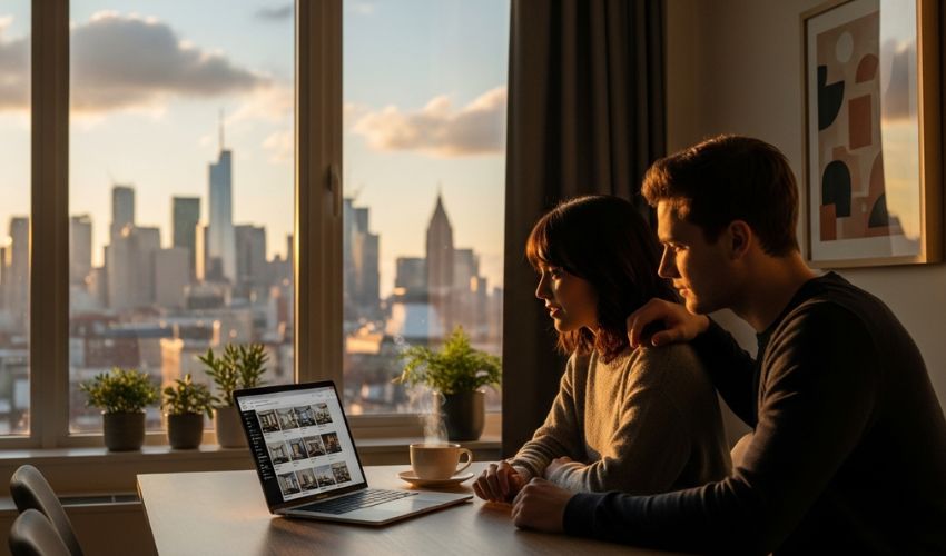 Couple planning Dubai home purchase with skyline view.